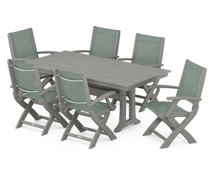 POLYWOOD® Coastal Folding Arm Chair 7-Piece Farmhouse Dining Set with Trestle Legs