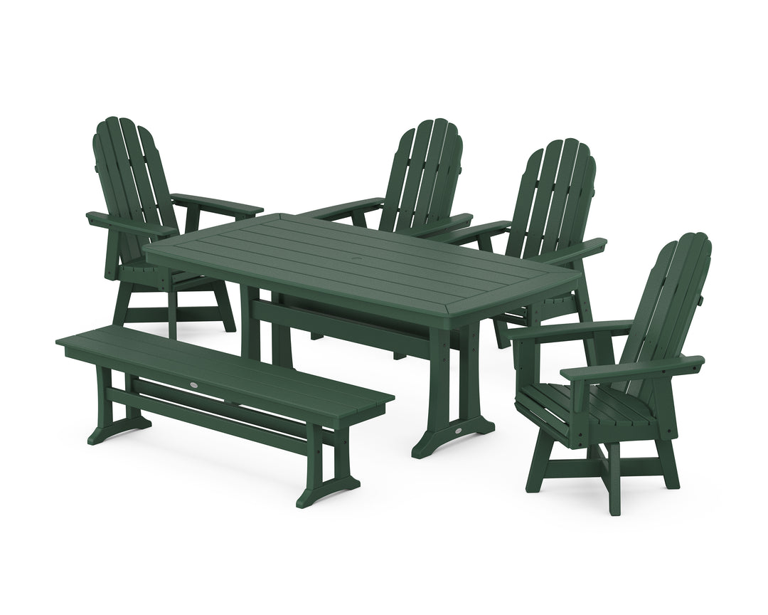 POLYWOOD® Vineyard Curveback Adirondack Swivel Chair 6-Piece Dining Set with Trestle Legs and Bench