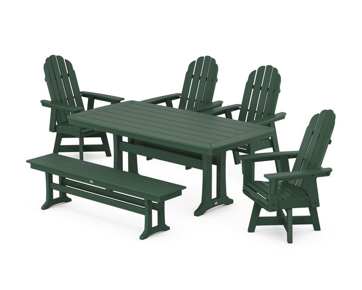 POLYWOOD® Vineyard Curveback Adirondack Swivel Chair 6-Piece Dining Set with Trestle Legs and Bench