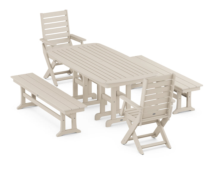 POLYWOOD® Captain Folding Chair 5-Piece Dining Set with Benches