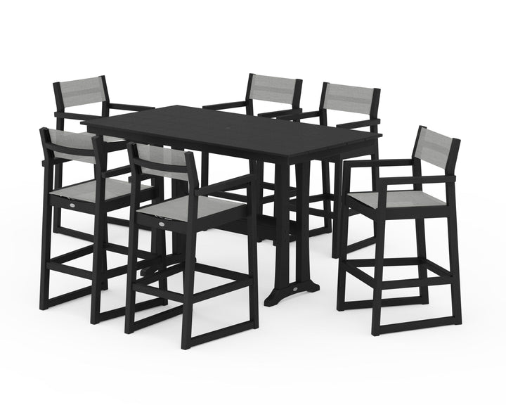 POLYWOOD® EDGE Sling Arm Chair 7-Piece Farmhouse Bar Set with Trestle Legs