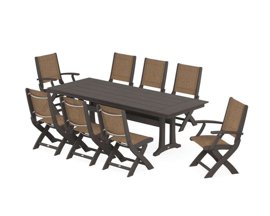 POLYWOOD® Coastal 9-Piece Folding Dining Chair Farmhouse Dining Set with Trestle Legs