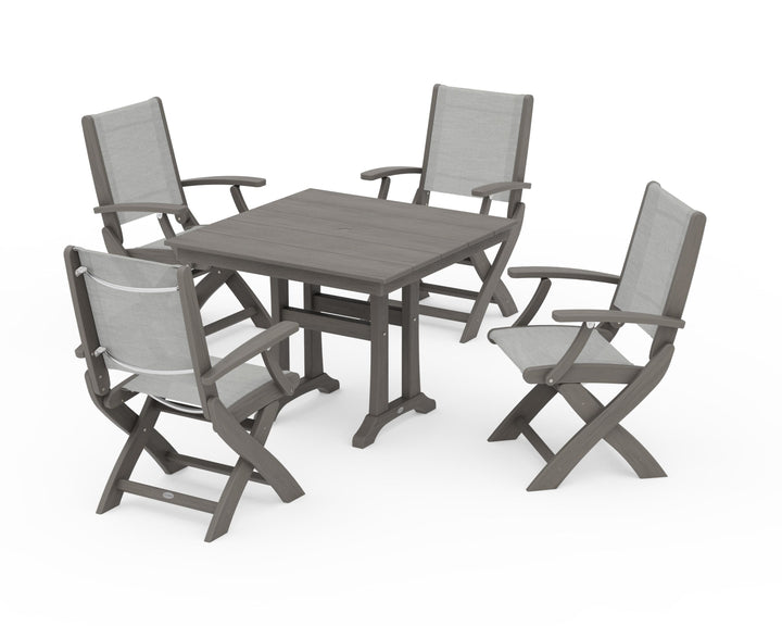 POLYWOOD® Coastal Folding Chair 5-Piece Farmhouse Dining Set With Trestle Legs