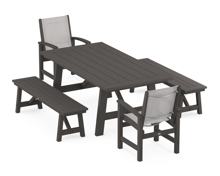 POLYWOOD® Coastal 5-Piece Rustic Farmhouse Dining Set With Benches