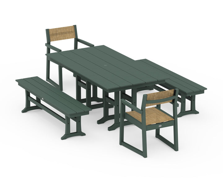 POLYWOOD® EDGE Sling Arm Chair 5-Piece Farmhouse Dining Set with Benches