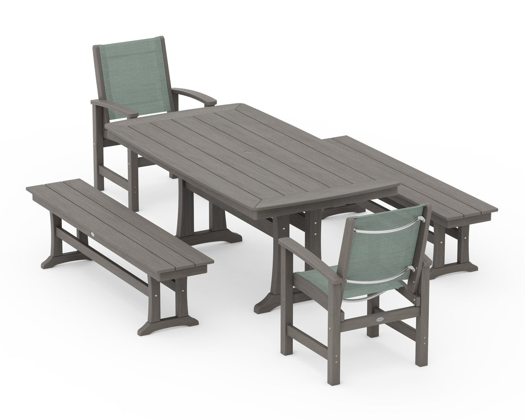 POLYWOOD® Coastal 5-Piece Dining Set with Trestle Legs and Benches