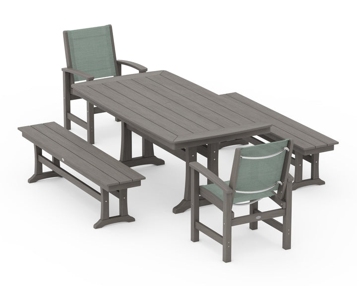 POLYWOOD® Coastal 5-Piece Dining Set with Trestle Legs and Benches