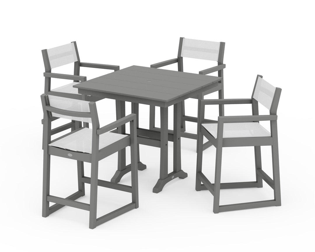 POLYWOOD® EDGE Sling Arm Chair 5-Piece Farmhouse Counter Set with Trestle Legs