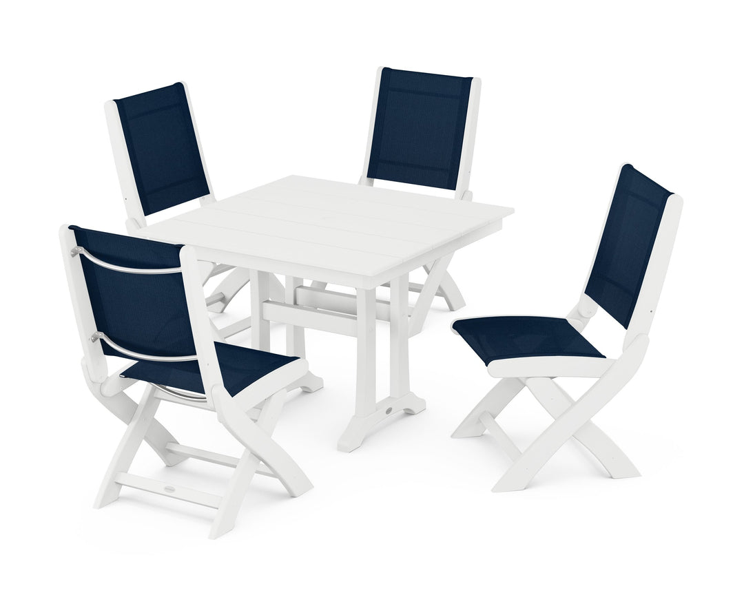 POLYWOOD® Coastal Folding Side Chair 5-Piece Farmhouse Dining Set With Trestle Legs