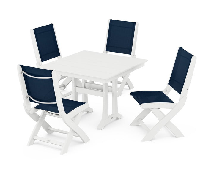 POLYWOOD® Coastal Folding Side Chair 5-Piece Farmhouse Dining Set With Trestle Legs