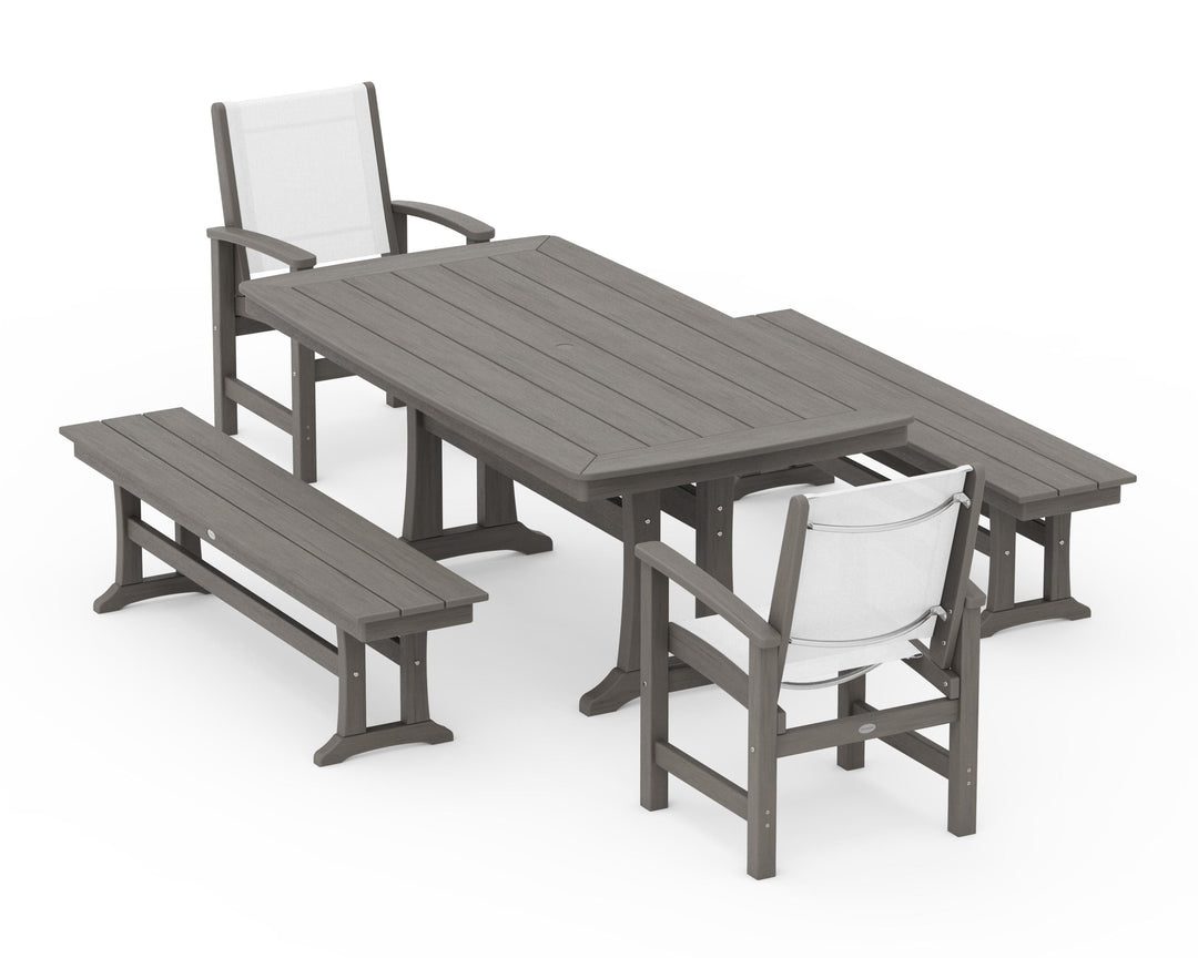 POLYWOOD® Coastal 5-Piece Dining Set with Trestle Legs and Benches