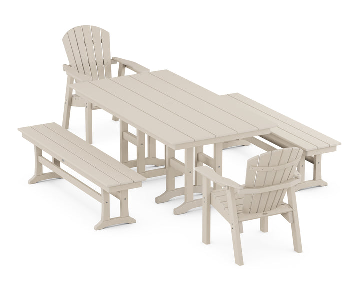 POLYWOOD® Seashell 5-Piece Farmhouse Dining Set with Benches
