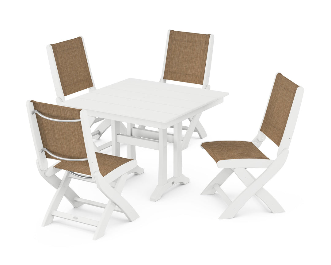POLYWOOD® Coastal Folding Side Chair 5-Piece Farmhouse Dining Set With Trestle Legs