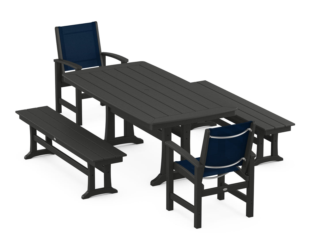 POLYWOOD® Coastal 5-Piece Dining Set with Trestle Legs and Benches