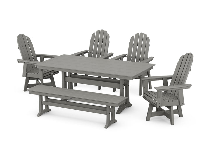 POLYWOOD® Vineyard Curveback Adirondack 6-Piece Swivel Chair Farmhouse Dining Set with Trestle Legs and Bench