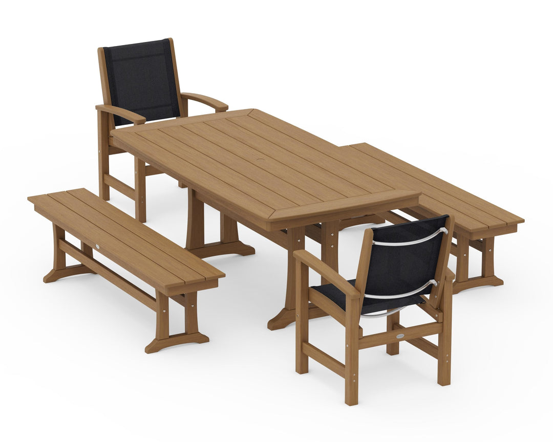 POLYWOOD® Coastal 5-Piece Dining Set with Trestle Legs and Benches