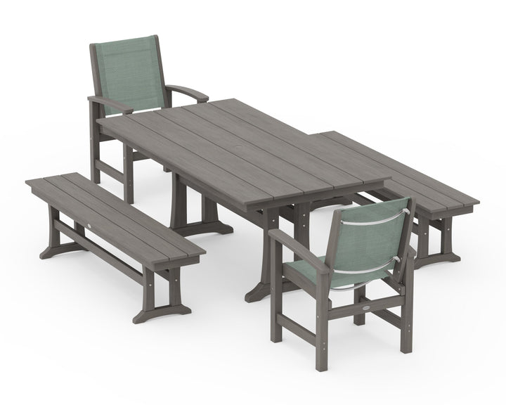 POLYWOOD® Coastal 5-Piece Farmhouse Dining Set with Trestle Legs and Benches
