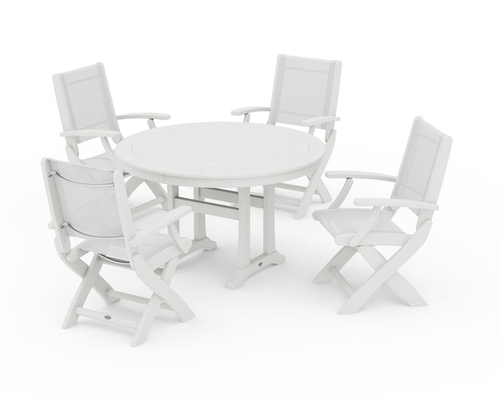POLYWOOD® Coastal Folding Chair 5-Piece Round Dining Set with Trestle Legs