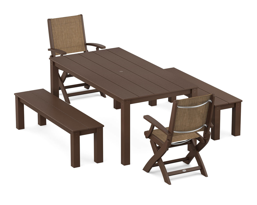 POLYWOOD® Coastal Folding Chair 5-Piece Parsons Dining Set with Benches