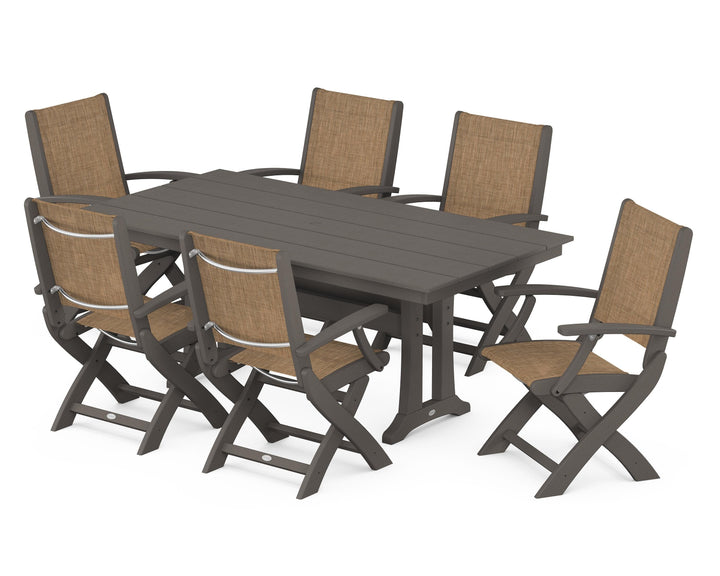 POLYWOOD® Coastal Folding Arm Chair 7-Piece Farmhouse Dining Set with Trestle Legs