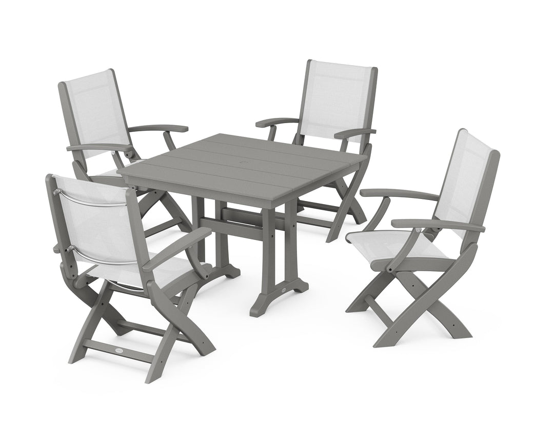 POLYWOOD® Coastal Folding Chair 5-Piece Farmhouse Dining Set With Trestle Legs