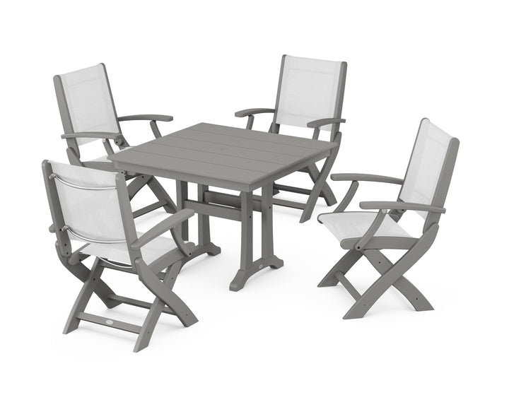 POLYWOOD® Coastal Folding Chair 5-Piece Farmhouse Dining Set With Trestle Legs