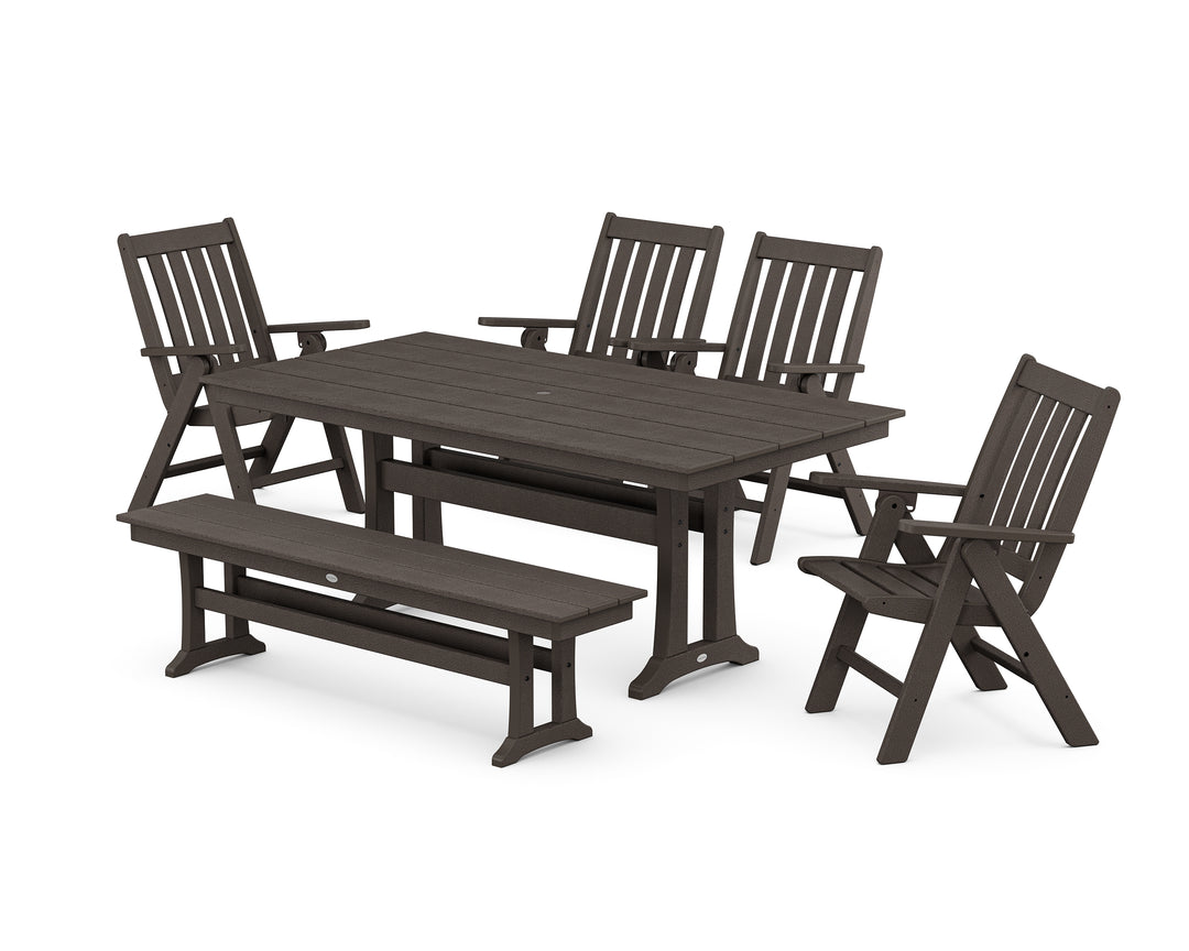 POLYWOOD® Vineyard 6-Piece Folding Chair Farmhouse Dining Set with Trestle Legs and Bench