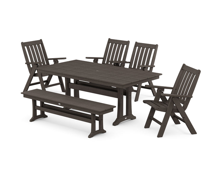 POLYWOOD® Vineyard 6-Piece Folding Chair Farmhouse Dining Set with Trestle Legs and Bench