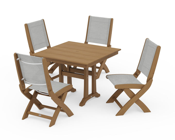 POLYWOOD® Coastal Folding Side Chair 5-Piece Farmhouse Dining Set With Trestle Legs