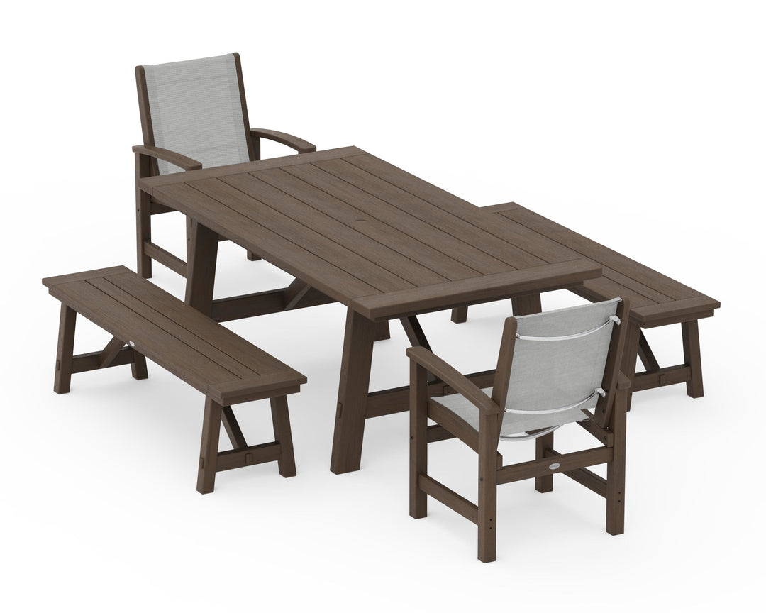 POLYWOOD® Coastal 5-Piece Rustic Farmhouse Dining Set With Benches