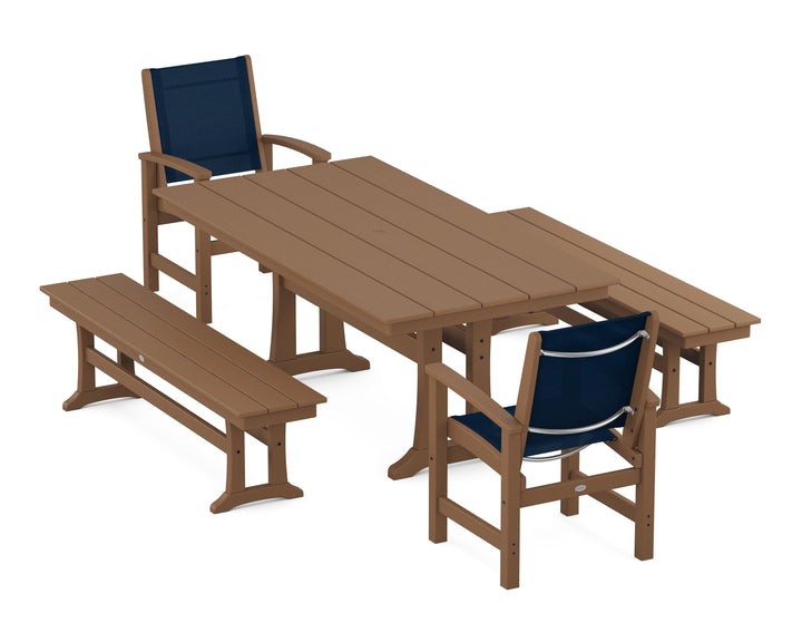 POLYWOOD® Coastal 5-Piece Farmhouse Dining Set with Trestle Legs and Benches