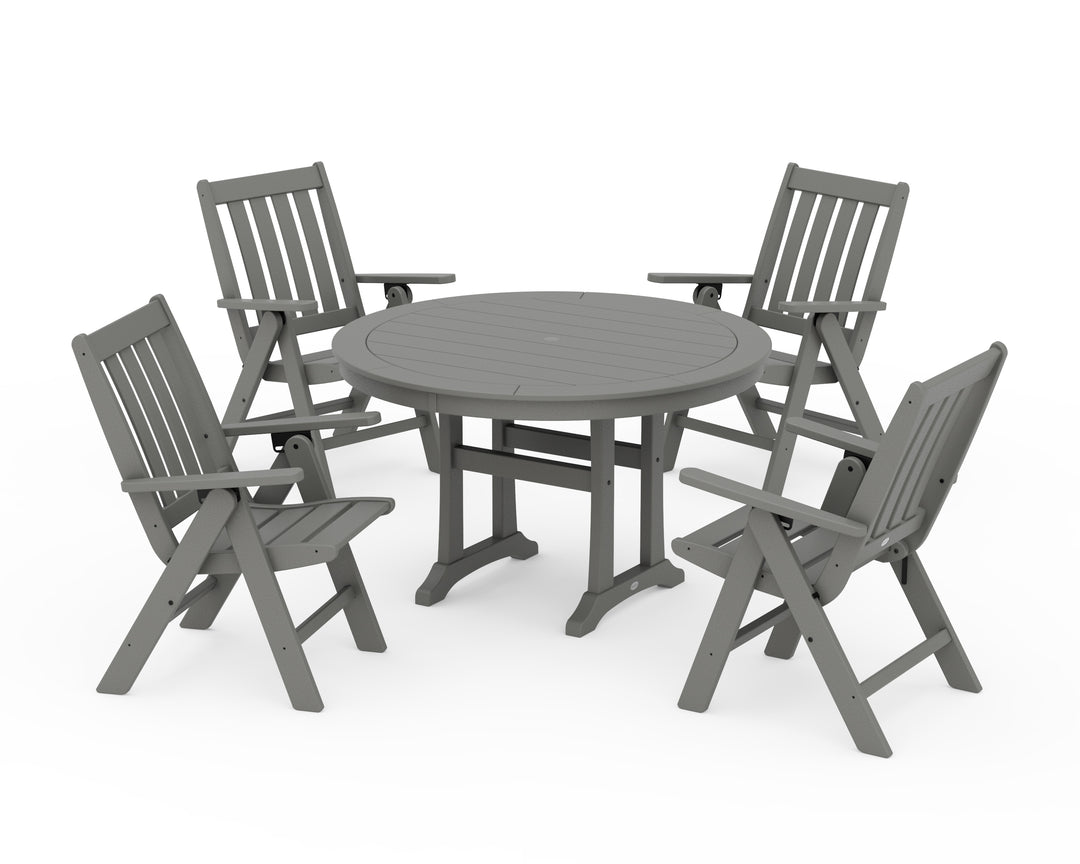 POLYWOOD® Vineyard Folding Chair 5-Piece Round Dining Set with Trestle Legs