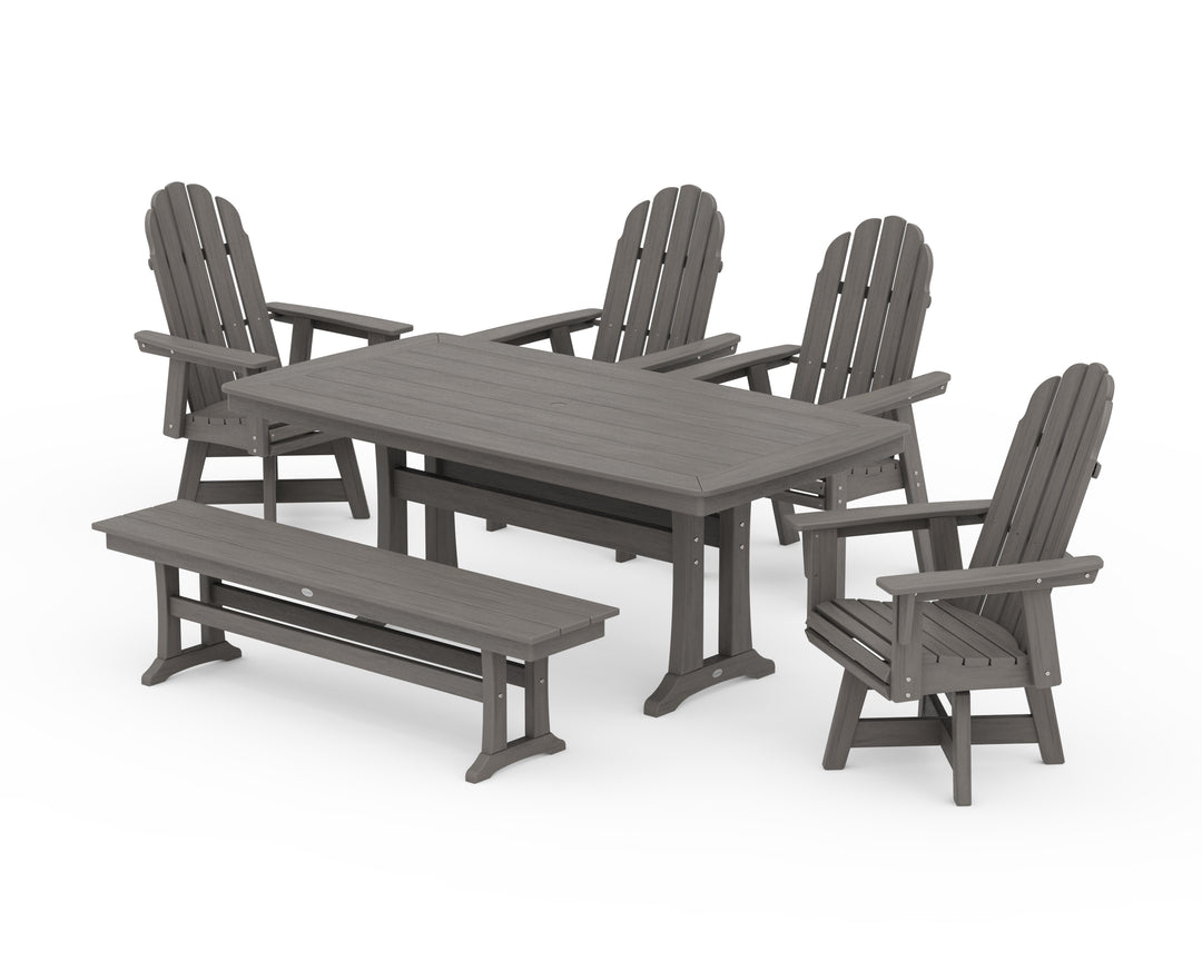 POLYWOOD® Vineyard Curveback Adirondack Swivel Chair 6-Piece Dining Set with Trestle Legs and Bench