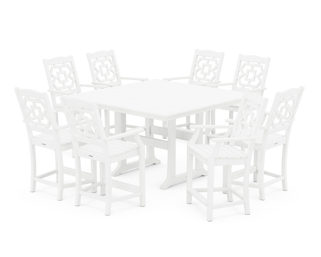 Martha Stewart by POLYWOOD® Chinoiserie 9-Piece Square Farmhouse Counter Set with Trestle Legs