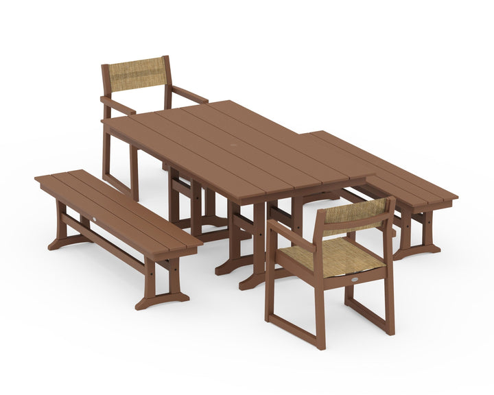 POLYWOOD® EDGE Sling Arm Chair 5-Piece Farmhouse Dining Set with Benches