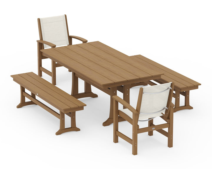 POLYWOOD® Coastal 5-Piece Farmhouse Dining Set with Trestle Legs and Benches
