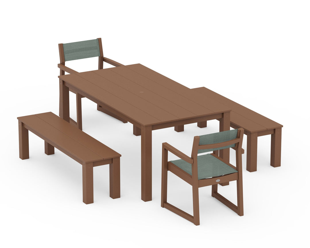 POLYWOOD® EDGE Sling Arm Chair 5-Piece Parsons Dining Set with Benches