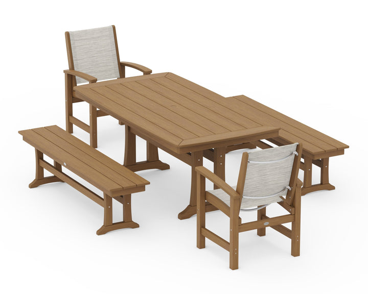 POLYWOOD® Coastal 5-Piece Dining Set with Trestle Legs and Benches