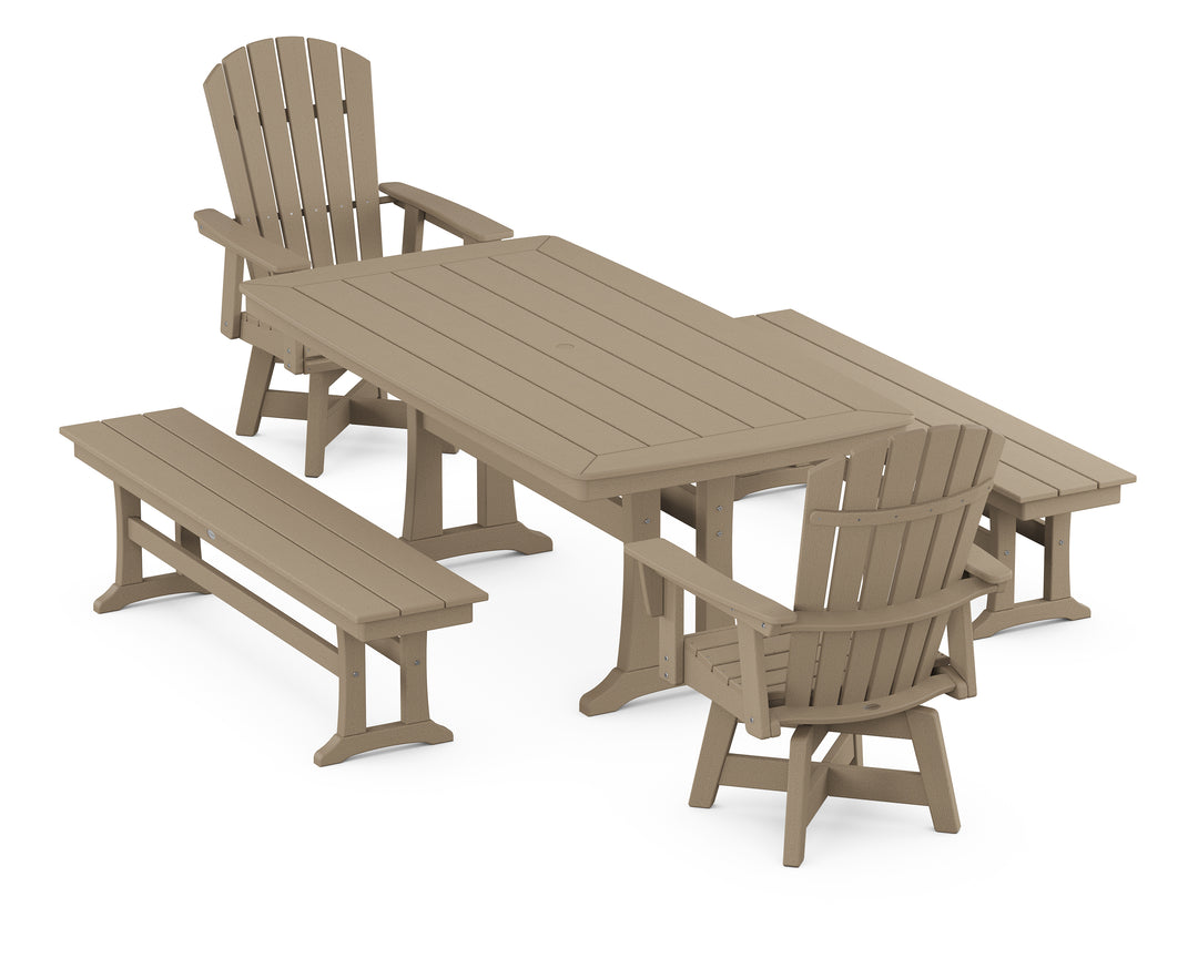 POLYWOOD® Nautical Curveback Adirondack Swivel Chair 5-Piece Dining Set with Trestle Legs and Benches