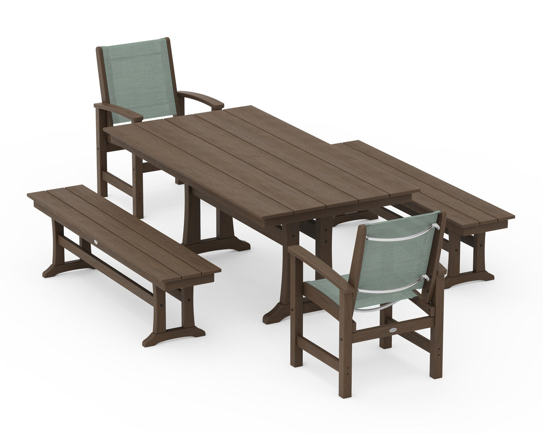 POLYWOOD® Coastal 5-Piece Farmhouse Dining Set with Trestle Legs and Benches