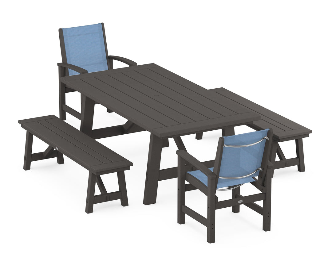 POLYWOOD® Coastal 5-Piece Rustic Farmhouse Dining Set With Benches