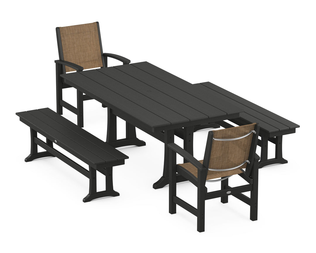 POLYWOOD® Coastal 5-Piece Farmhouse Dining Set with Trestle Legs and Benches