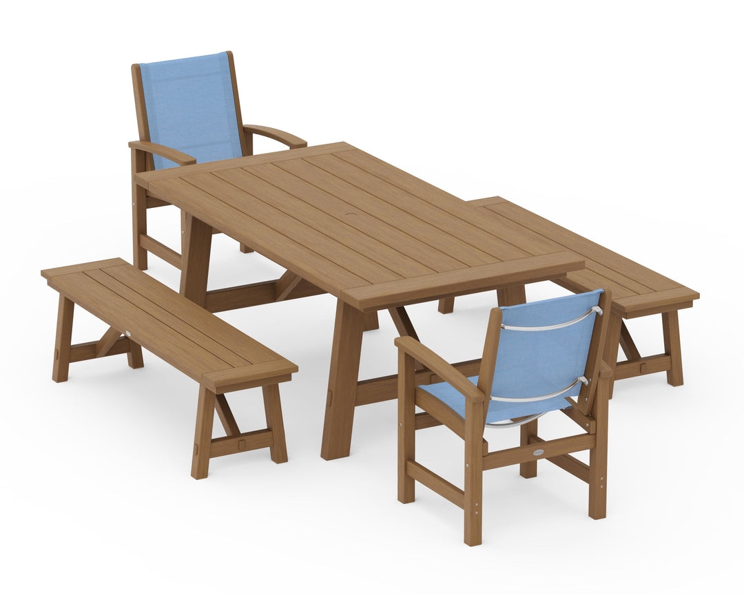 POLYWOOD® Coastal 5-Piece Rustic Farmhouse Dining Set With Benches