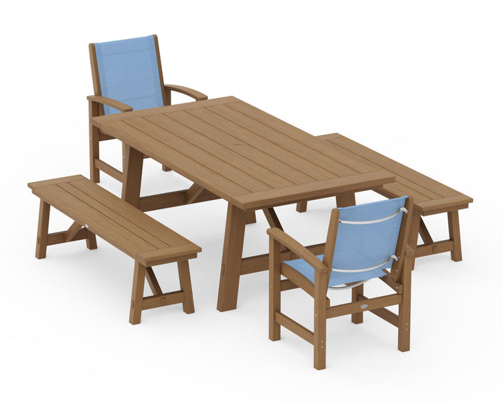 POLYWOOD® Coastal 5-Piece Rustic Farmhouse Dining Set With Benches