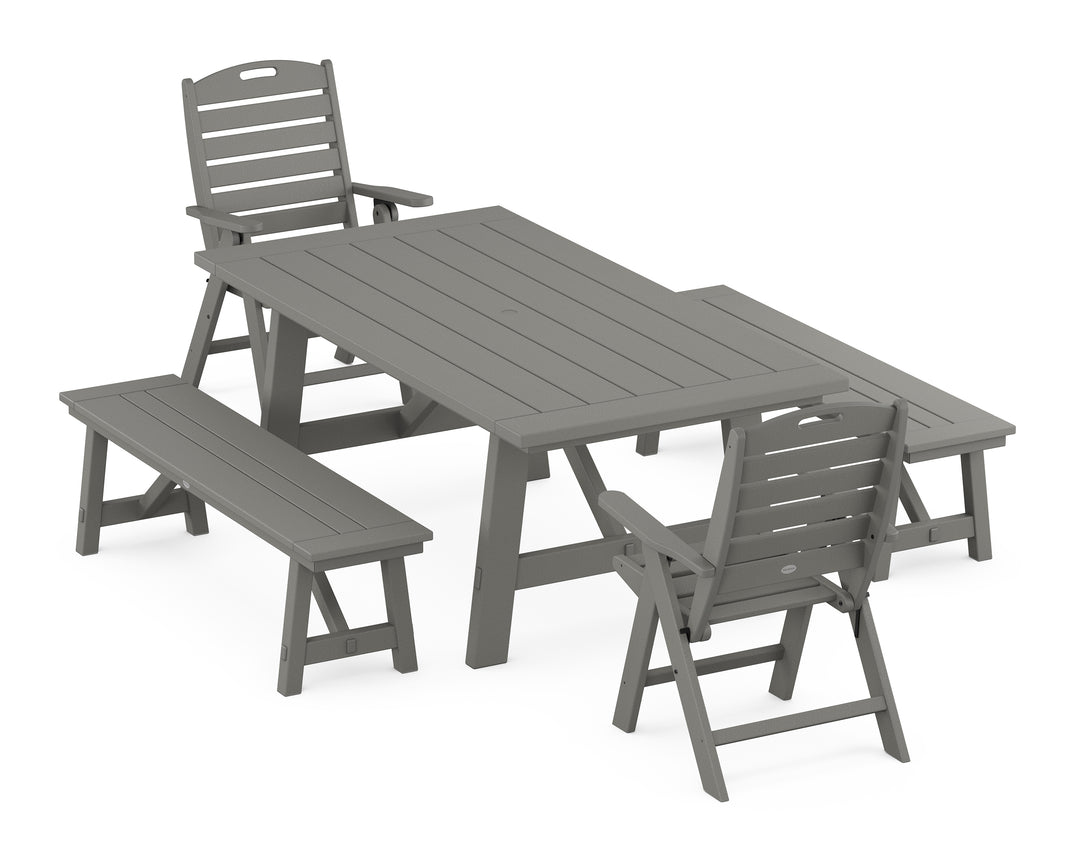 POLYWOOD® Nautical Folding Highback Chair 5-Piece Rustic Farmhouse Dining Set With Benches