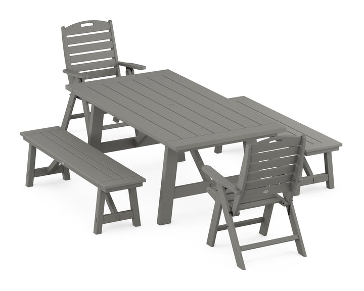 POLYWOOD® Nautical Folding Highback Chair 5-Piece Rustic Farmhouse Dining Set With Benches