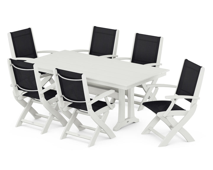 POLYWOOD® Coastal Folding Arm Chair 7-Piece Farmhouse Dining Set with Trestle Legs