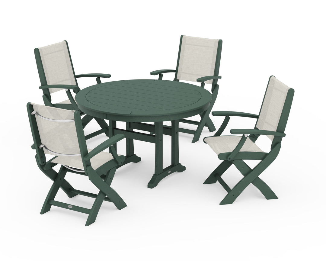 POLYWOOD® Coastal Folding Chair 5-Piece Round Dining Set with Trestle Legs