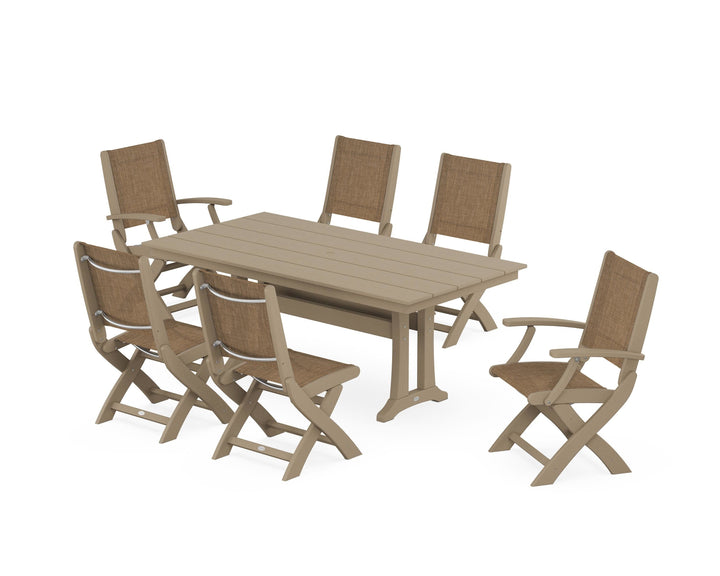 POLYWOOD® Coastal Folding Chair 7-Piece Farmhouse Dining Set with Trestle Legs