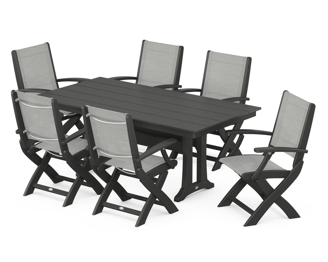POLYWOOD® Coastal Folding Arm Chair 7-Piece Farmhouse Dining Set with Trestle Legs